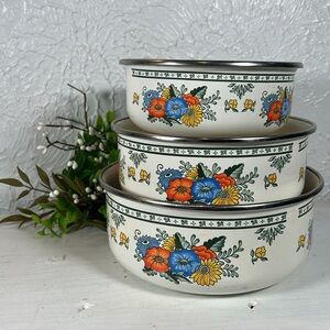 VTG Enamelware Old Amsterdam Floral & Leaf Mixing Nesting Stackable 3 Bowls